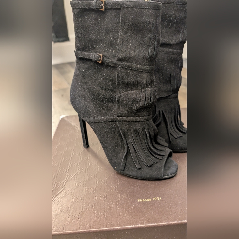 Gucci Black Suede Fringe Heeled Boots